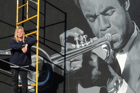 Pamela Bliss at work in 2011 on 46 for XLVI mural